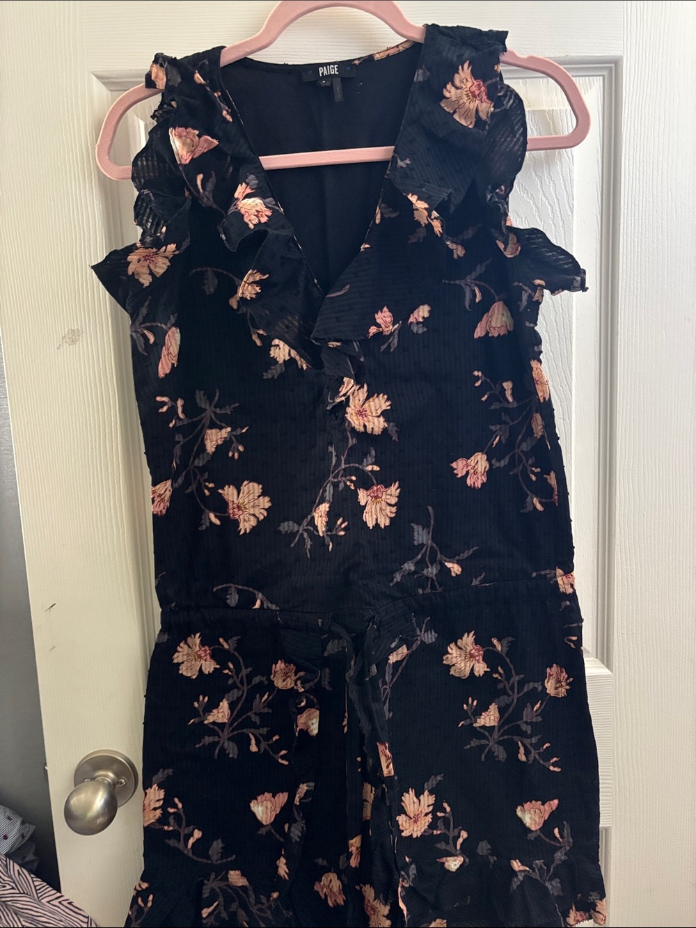 PAIGE Black Floral Ruffle V-Neck Jumpsuit
